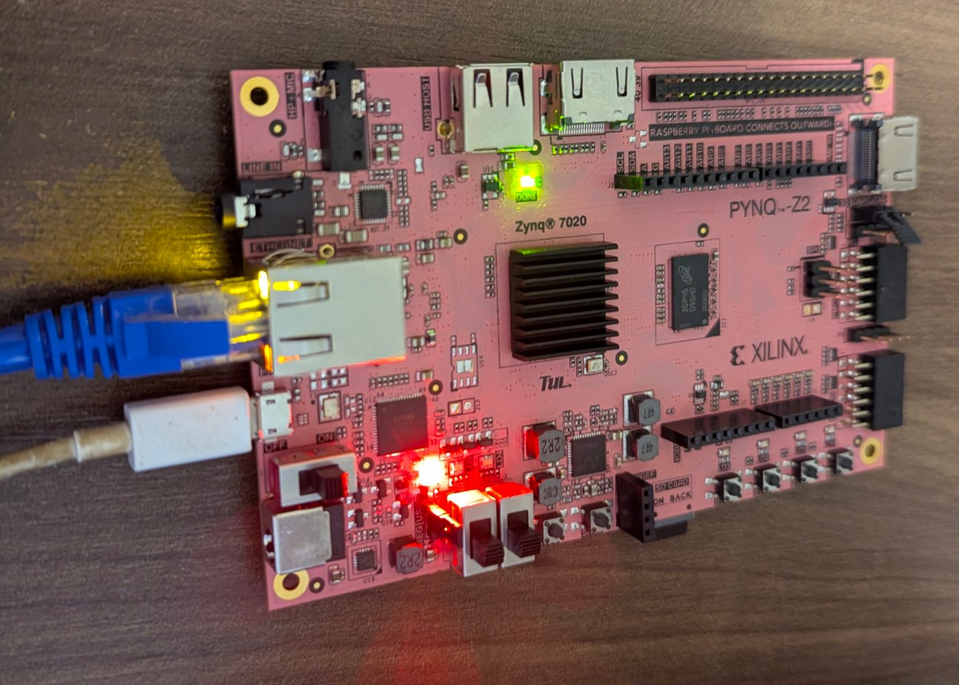 PYNQ-Z2 board powered up, Ethernet and USB attached